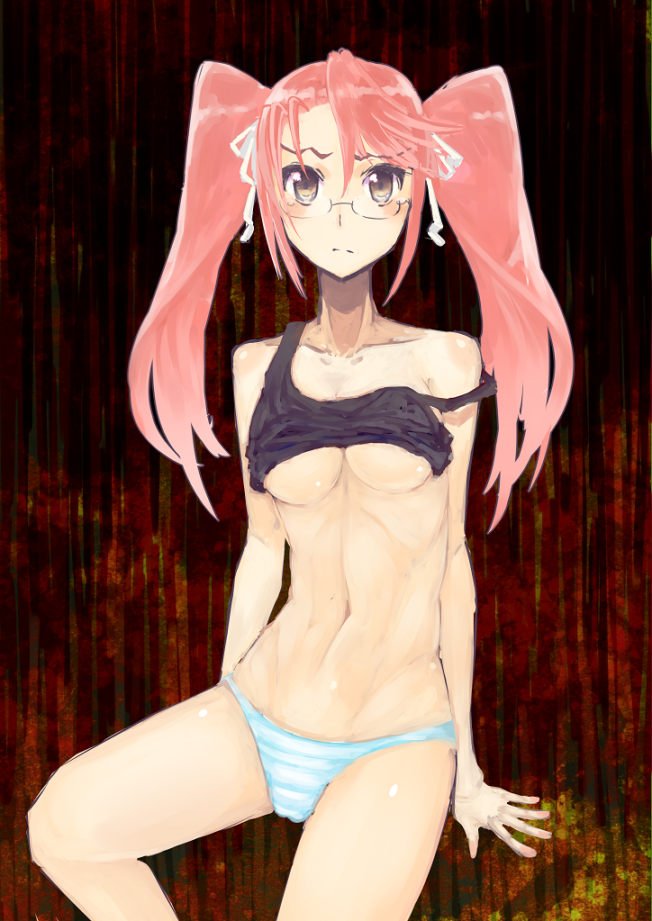 1girl arm_support artist_request blush breasts brown_eyes crop_top crop_top_overhang eyebrows_visible_through_hair frown glasses highschool_of_the_dead large_breasts long_hair looking_at_viewer looking_over_glasses navel no_bra off_shoulder panties pink_hair solo strap_slip striped striped_panties takagi_saya twintails underboob underwear