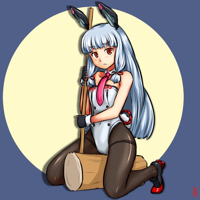 adapted_costume bangs black_gloves black_legwear blue_background blunt_bangs bunny_tail bunnysuit circle commentary_request cy301 detached_collar fingerless_gloves full_moon gloves hair_ribbon headgear kantai_collection leotard long_hair mallet moon murakumo_(kantai_collection) orange_eyes pantyhose playboy_bunny_leotard remodel_(kantai_collection) ribbon short_eyebrows sidelocks silver_hair solo strapless strapless_leotard tail thighband_pantyhose tress_ribbon white_leotard wrist_cuffs