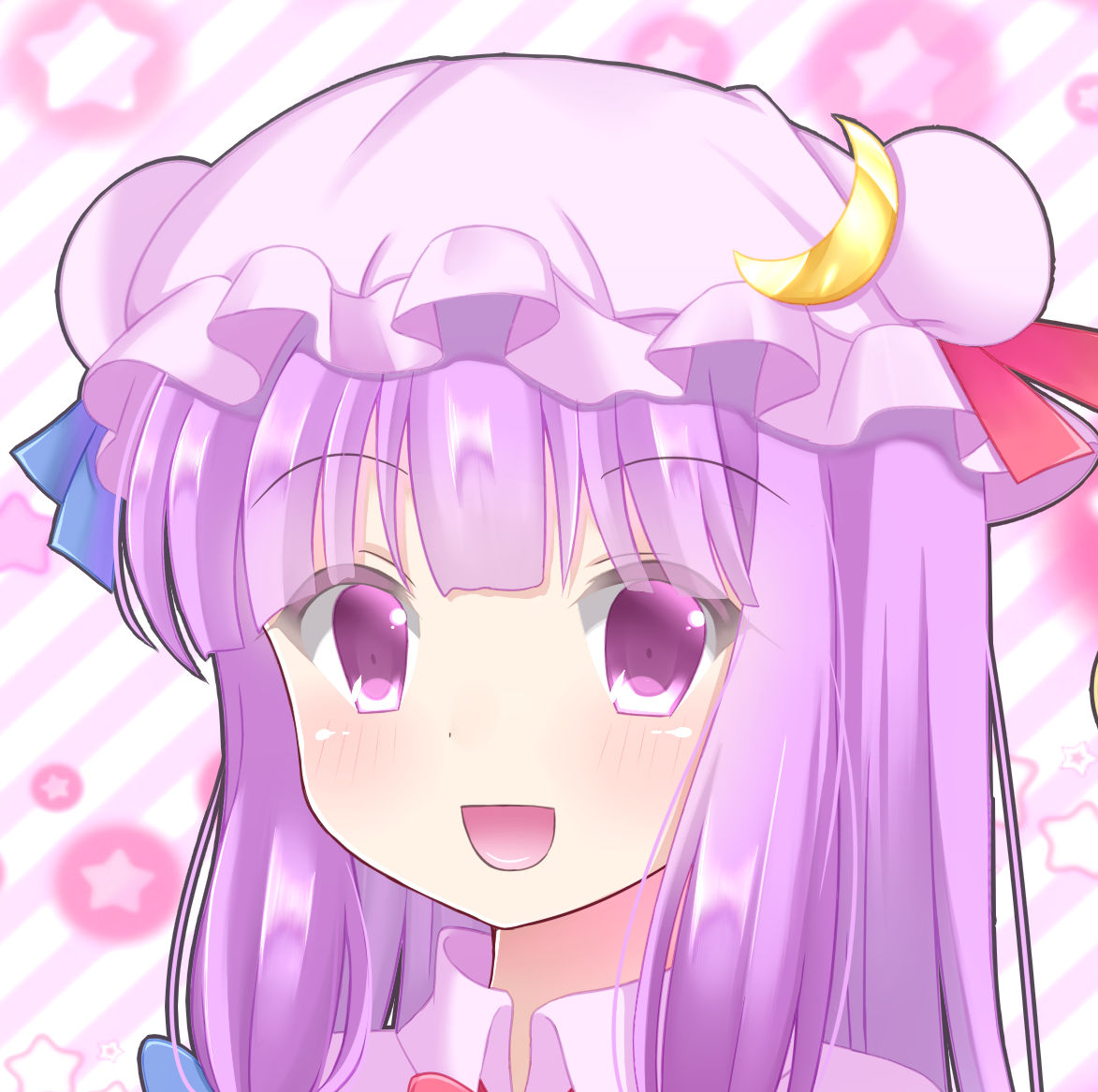 blue_ribbon blush bright_background close-up crescent crescent_moon_pin double_bun eyebrows_visible_through_hair hat head looking_at_viewer open_mouth patchouli_knowledge purple_eyes purple_hair red_ribbon ribbon smile solo star striped striped_background touhou upper_body yukina_kurosaki