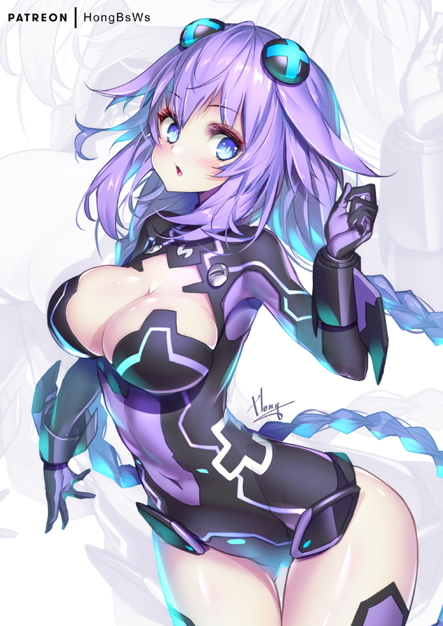 arched_back armpits artist_name ass_visible_through_thighs bangs black_leotard blush braid breasts bright_pupils choujigen_game_neptune cleavage cleavage_cutout clenched_hand commentary covered_navel cowboy_shot emblem eyebrows_visible_through_hair eyeshadow floating_hair hair_between_eyes hair_flaps hair_ornament hand_up hands_up head_tilt hips hong_(white_spider) large_breasts leaning_forward legs_together leotard long_hair looking_at_viewer low_twintails makeup neptune_(series) parted_lips patreon_username power_symbol purple_hair purple_heart shiny shiny_hair shiny_skin sideboob sidelocks signature simple_background skin_tight solo standing symbol-shaped_pupils thigh_gap thighs turtleneck twin_braids twintails vambraces very_long_hair white_background wide_hips zoom_layer