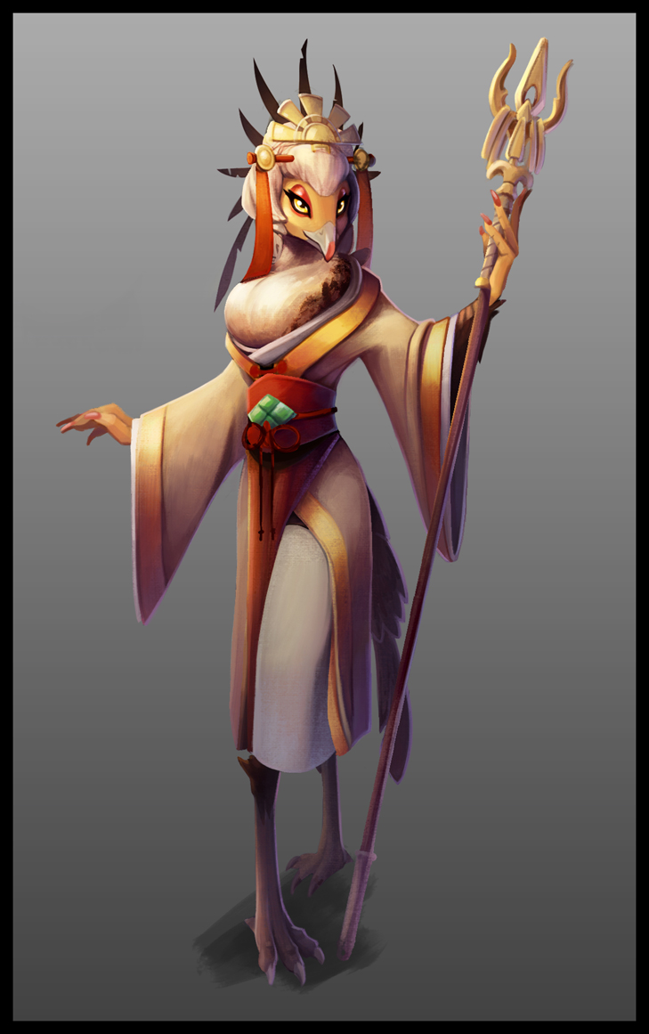 anthro avian bird chest_tuft clothing crest eyelashes feathers female flat_chested japanese_clothing kimono louis_m_de_la_girond'arc_(artist) makeup melee_weapon narrow_hips polearm spear staff tuft weapon