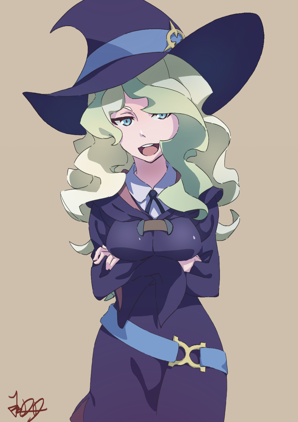 1girl arm_fold artist_request blonde_hair blue_eyes breasts diana_cavendish hat large_breasts little_witch_academia solo witch_hat