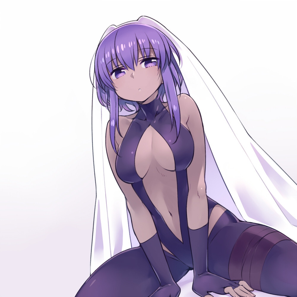 bare_shoulders between_legs breasts bridal_veil center_opening chan_co closed_mouth commentary_request dark_skin eyebrows_visible_through_hair fate/grand_order fate/prototype fate/prototype:_fragments_of_blue_and_silver fate_(series) gloves gradient gradient_background grey_background hand_between_legs hassan_of_serenity_(fate) leotard looking_at_viewer medium_breasts navel purple_gloves purple_hair purple_leotard sidelocks sitting solo veil