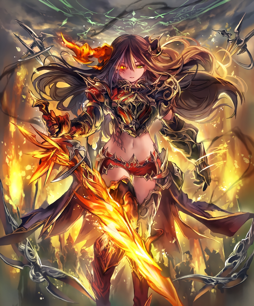 armor artist_request brown_hair burn_scar burning_eye cloud cloudy_sky cygames embers evil_eye_demon flaming_sword gauntlets green_eyes heterochromia horn long_hair magic_circle midriff navel official_art red_eyes revealing_clothes scar shadowverse sky slit_pupils tattoo