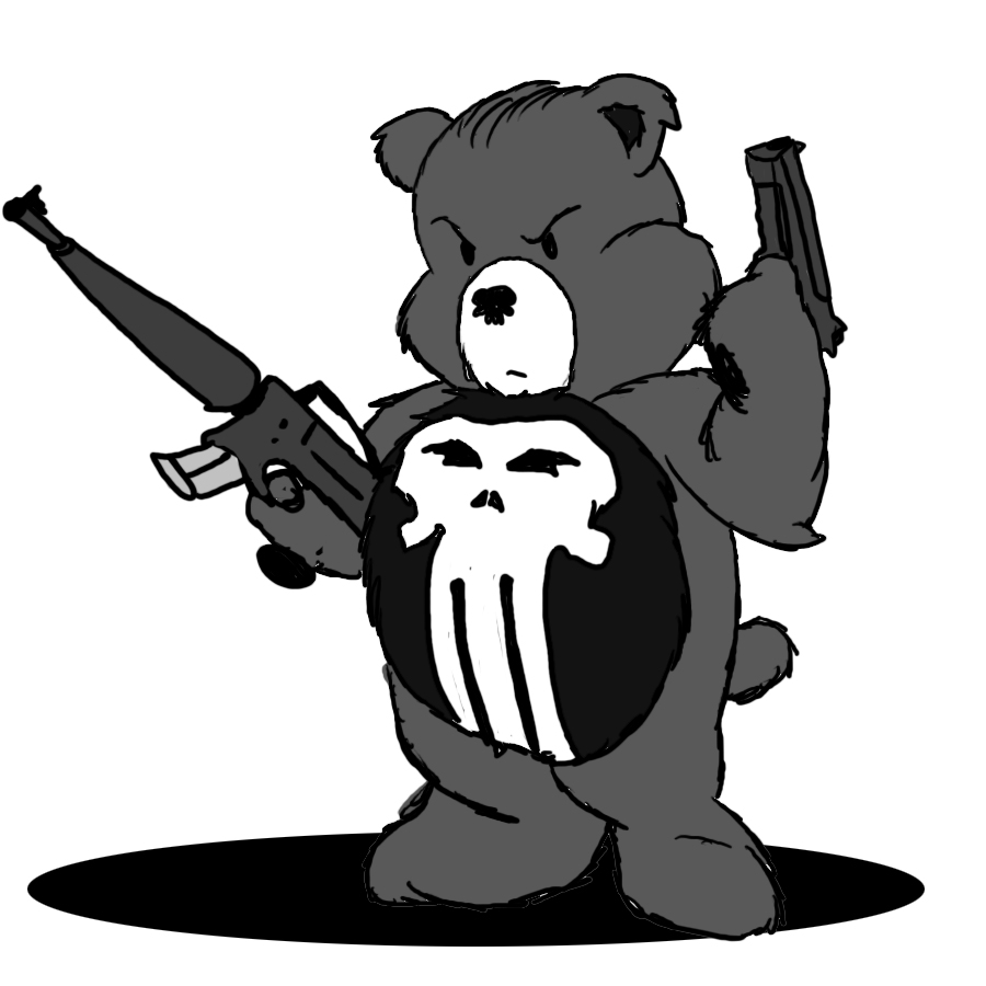 2011 alternate_species assault_rifle bear care_bears crossover fur furrification grey_fur greyscale gun handgun male mammal monochrome pistol punisher ranged_weapon rifle shadow simple_background solo the_punisher unknown_artist weapon white_background