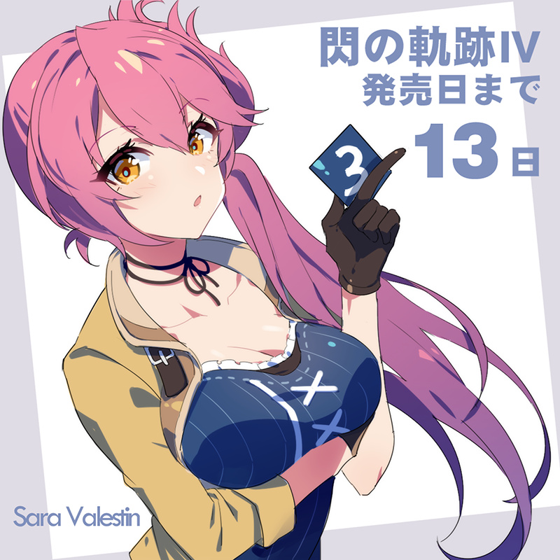 black_gloves breast_hold breasts character_name cleavage coat collarbone copyright_name countdown eiyuu_densetsu gloves grey_background index_finger_raised long_hair looking_at_viewer medium_breasts neck_ribbon open_mouth orange_eyes ponytail purple_hair ribbon sara_valestein sen_no_kiseki sen_no_kiseki_4 sharlorc solo two-tone_background upper_body white_background
