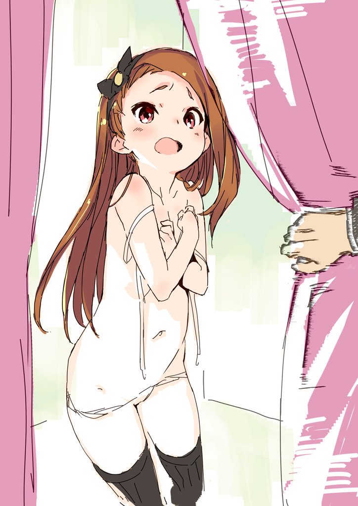 bad_id bad_twitter_id bangs blush breasts brown_hair changing_room commentary covering covering_breasts curtain_grab curtains embarrassed forehead hairband idolmaster idolmaster_(classic) kawata_hisashi long_hair minase_iori navel open_mouth panties producer_(idolmaster) red_eyes sketch small_breasts solo_focus thighhighs underwear underwear_only undone_bra undressing