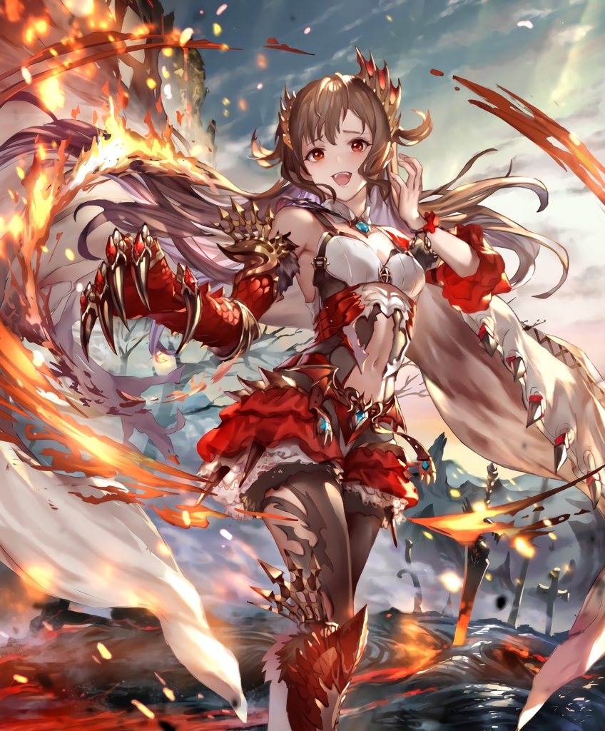 77gl :d breasts brown_hair cygames dragon_claw fire frills galmieux_omen_of_disdain long_hair navel navel_cutout official_art open_mouth oversized_forearms oversized_limbs planted_sword planted_weapon red_eyes scales shadowverse skirt small_breasts smile sword weapon