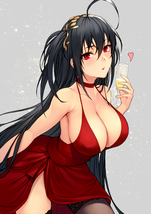 ahoge azur_lane bangs banned_artist bare_shoulders black_hair black_legwear blush breasts choker cleavage collarbone commentary_request cup dress drinking_glass grey_background hair_between_eyes hair_ornament heart kyoeiki large_breasts long_hair looking_at_viewer one_side_up open_mouth red_dress red_eyes solo taihou_(azur_lane) thighhighs thighs very_long_hair wine_glass