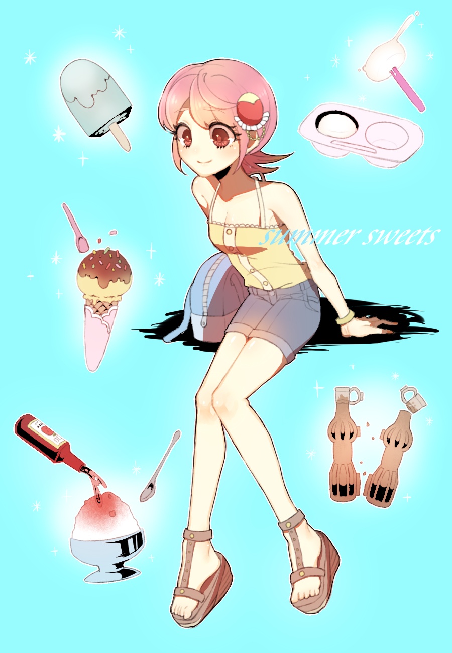 arm_support bare_arms bare_shoulders blue_background blue_shorts breasts brown_eyes food full_body hair_ornament highres ice_cream ice_cream_cone knees_together_feet_apart papico_(ice_cream) pink_hair popsicle rockman rockman_exe sakurai_meiru short_hair short_shorts shorts sidelocks sitting small_breasts smile solo spoon uru-arrow