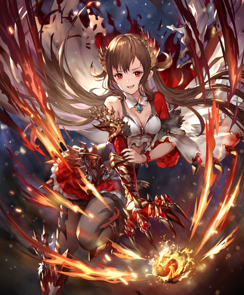 77gl :d breasts brown_hair cygames dragon_claw fire fireball frills galmieux_omen_of_disdain long_hair navel navel_cutout official_art open_mouth oversized_forearms oversized_limbs red_eyes scales shadowverse skirt small_breasts smile v-shaped_eyebrows
