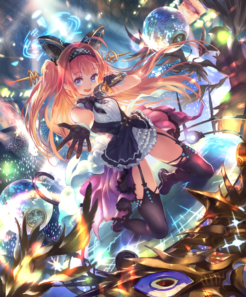 ahoge animal_ears artist_request audience blue_eyes cat_ears cat_tail cygames disco_ball dress eyebrows_visible_through_hair fake_animal_ears gloves hairband idol kneeling lishenna_omen_of_destruction long_hair looking_at_viewer microphone music official_art reaching_out red_hair ribbon shadowverse singing skirt tail thighhighs twintails
