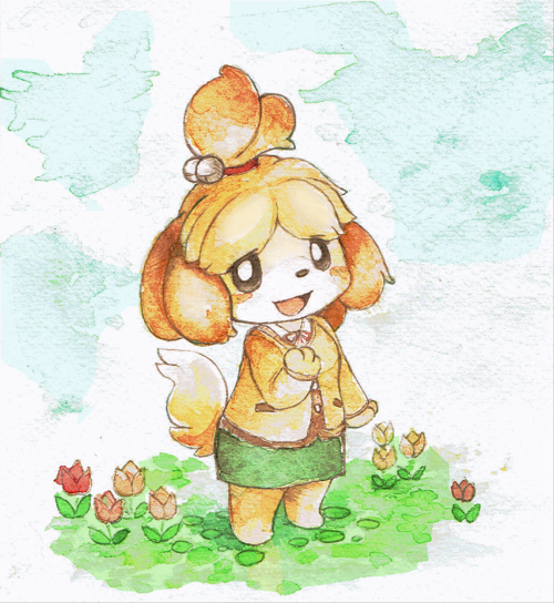 2015 animal_crossing anthro clothed clothing female fully_clothed isabelle_(animal_crossing) kanannbo nintendo open_mouth simple_background solo video_games