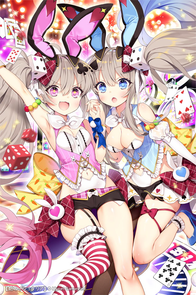 2girls :d age_of_ishtaria ahoge animal_ears ankle_cuffs arm_up armpits asymmetrical_legwear bangs bare_shoulders black_shorts black_skirt blue_eyes blue_footwear blue_vest blush bow breasts brown_hair bunny_ears bunny_girl bunnysuit byulzzimon card carrot_print cleavage club_(shape) club_hair_ornament copyright_name detached_sleeves dice dice_hair_ornament eyebrows_visible_through_hair fang fingernails food_print frilled_legwear hair_between_eyes hair_bow hair_ornament hand_up heart heart_cutout high_heels holding_hands juliet_sleeves leotard leotard_under_clothes long_sleeves medium_breasts motion_blur multiple_girls navel navel_cutout official_art open_mouth pink_hair pink_vest playing_card pleated_skirt print_bow puffy_sleeves red_bow ribbon shoes short_shorts shorts siblings side_ponytail single_thighhigh sisters skirt small_breasts smile spade_hair_ornament striped striped_legwear thighhighs twins vest white_leotard white_ribbon yellow_bow