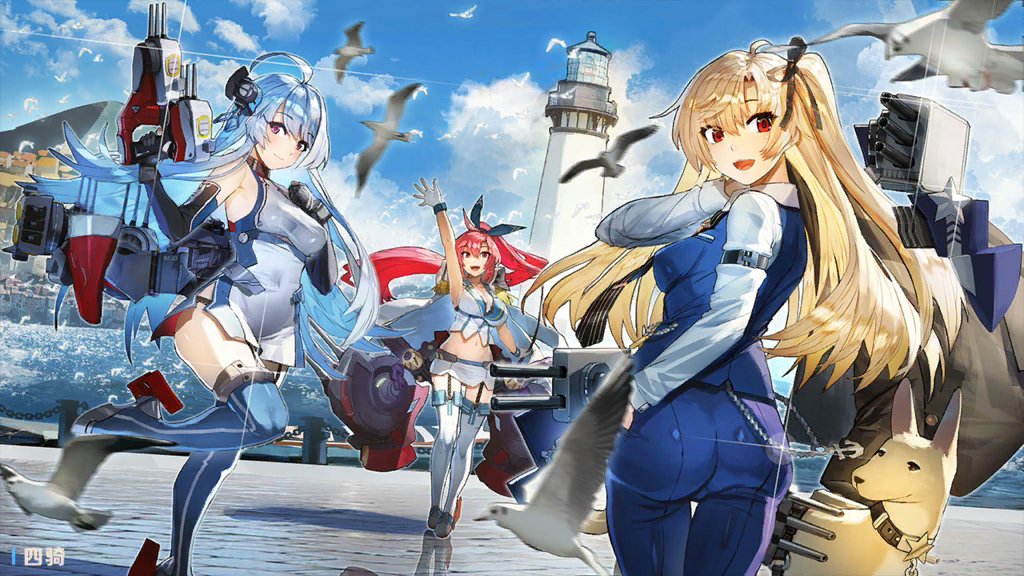 :d ahoge arm_up ass azur_lane bird black_panties blonde_hair blue_hair blue_legwear blue_sky blurry blurry_foreground breasts cleavage cleveland_(azur_lane) day depth_of_field dog dress dutch_angle epaulettes from_behind garter_straps glint gloves hair_ribbon hand_in_pocket helena_(azur_lane) large_breasts lighthouse looking_at_viewer looking_back medium_breasts midriff multiple_girls navel non-web_source official_art one_side_up open_mouth panties ponytail red_eyes red_hair ribbon rigging shirt short_dress siqi_(miharuu) skirt sky smile standing standing_on_one_leg taut_clothes taut_shirt thighhighs underwear white_gloves white_legwear wichita_(azur_lane)