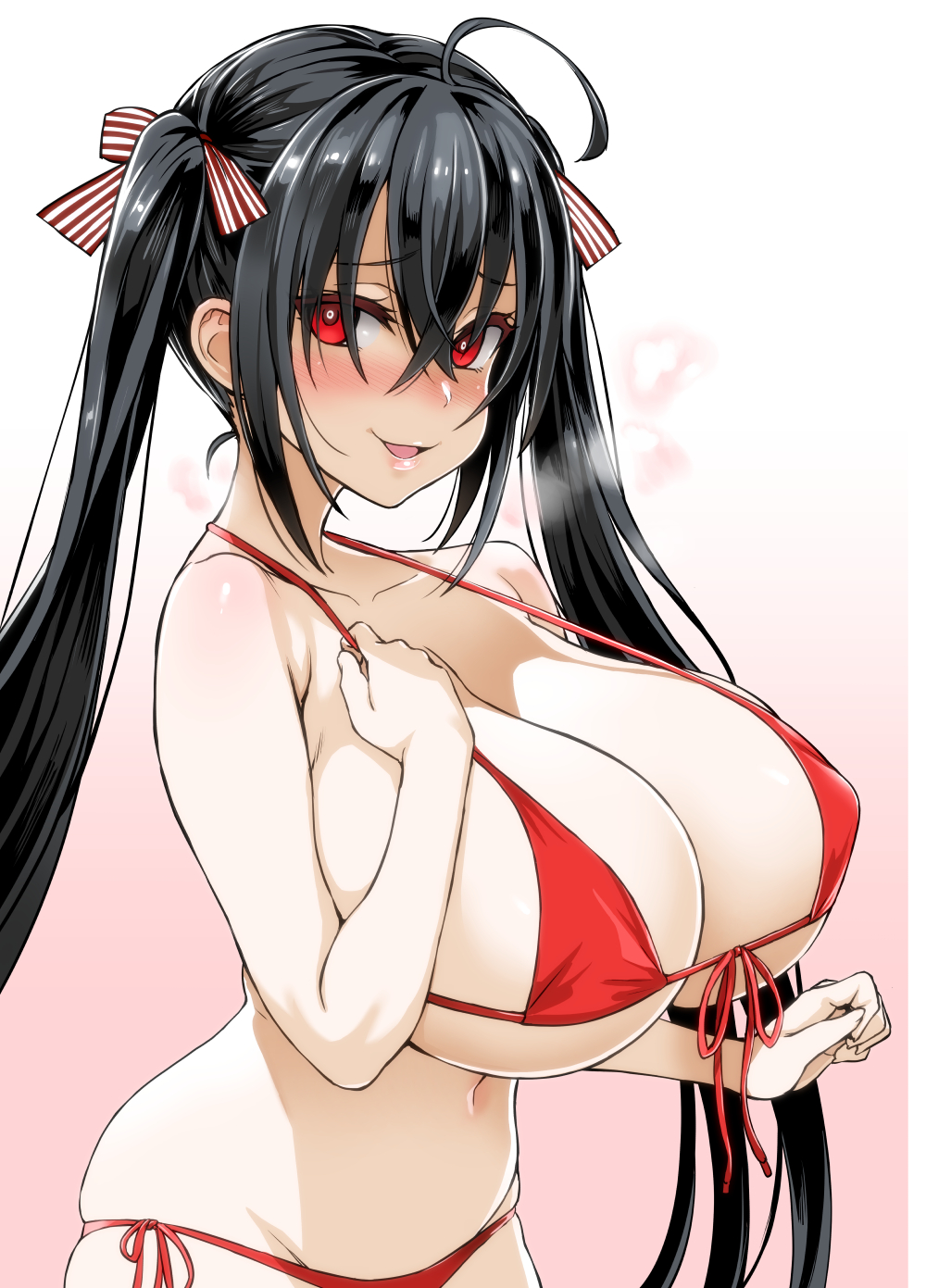 ahoge asanagi azur_lane bad_anatomy bikini black_hair blush breasts cleavage collarbone commentary_request eyebrows_visible_through_hair front-tie_top gradient gradient_background hair_between_eyes hair_ribbon hand_on_own_chest heavy_breathing highres huge_breasts lips long_hair looking_at_viewer navel nose_blush parted_lips red_bikini red_eyes ribbon shiny shiny_hair side-tie_bikini smile solo swimsuit taihou_(azur_lane) tied_hair twintails very_long_hair