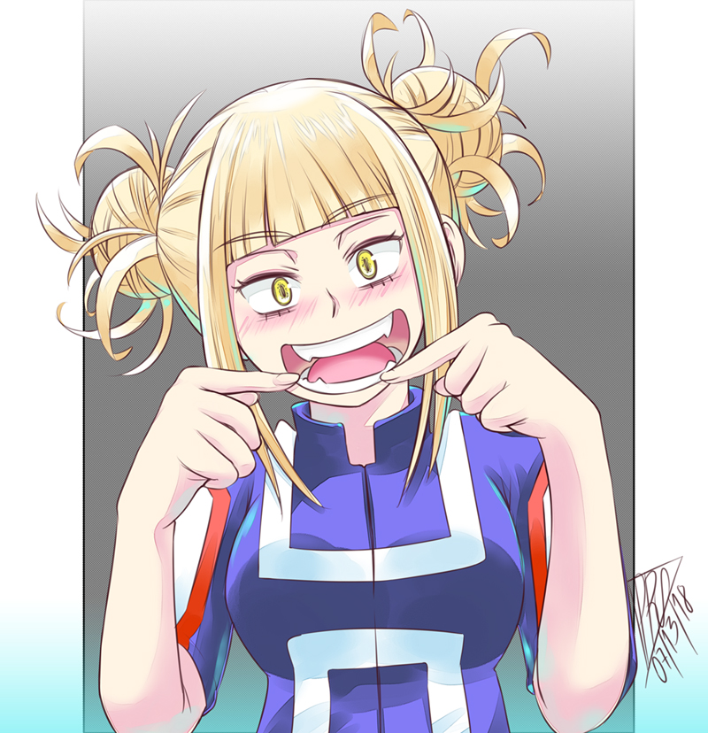 bangs blonde_hair blunt_bangs blush boku_no_hero_academia breasts dated double_bun eyebrows_visible_through_hair fangs medium_breasts messy_hair open_mouth pillarboxed short_hair smile solo suoh12 toga_himiko tongue u.a._gym_uniform upper_body yellow_eyes
