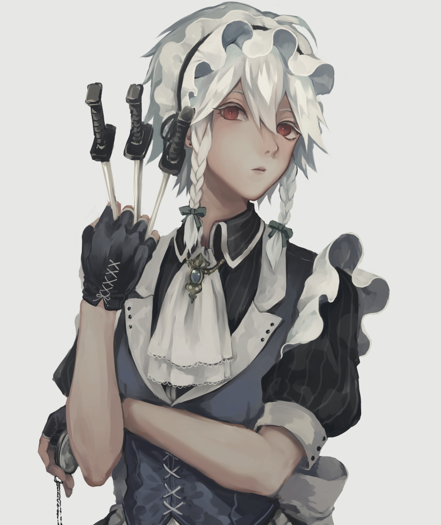 ascot bangs between_fingers black_gloves black_shirt blue_vest braid collared_shirt colored_eyelashes commentary_request cross-laced_gloves dagger earrings fingerless_gloves gensou_aporo gloves green_ribbon grey_background hair_between_eyes hair_ribbon hand_up head_tilt holding izayoi_sakuya jewelry looking_at_viewer maid maid_headdress necklace parted_lips pocket_watch puffy_short_sleeves puffy_sleeves red_eyes ribbon shirt short_hair short_sleeves simple_background solo striped striped_shirt stud_earrings touhou twin_braids upper_body vertical-striped_shirt vertical_stripes vest watch weapon white_neckwear wing_collar