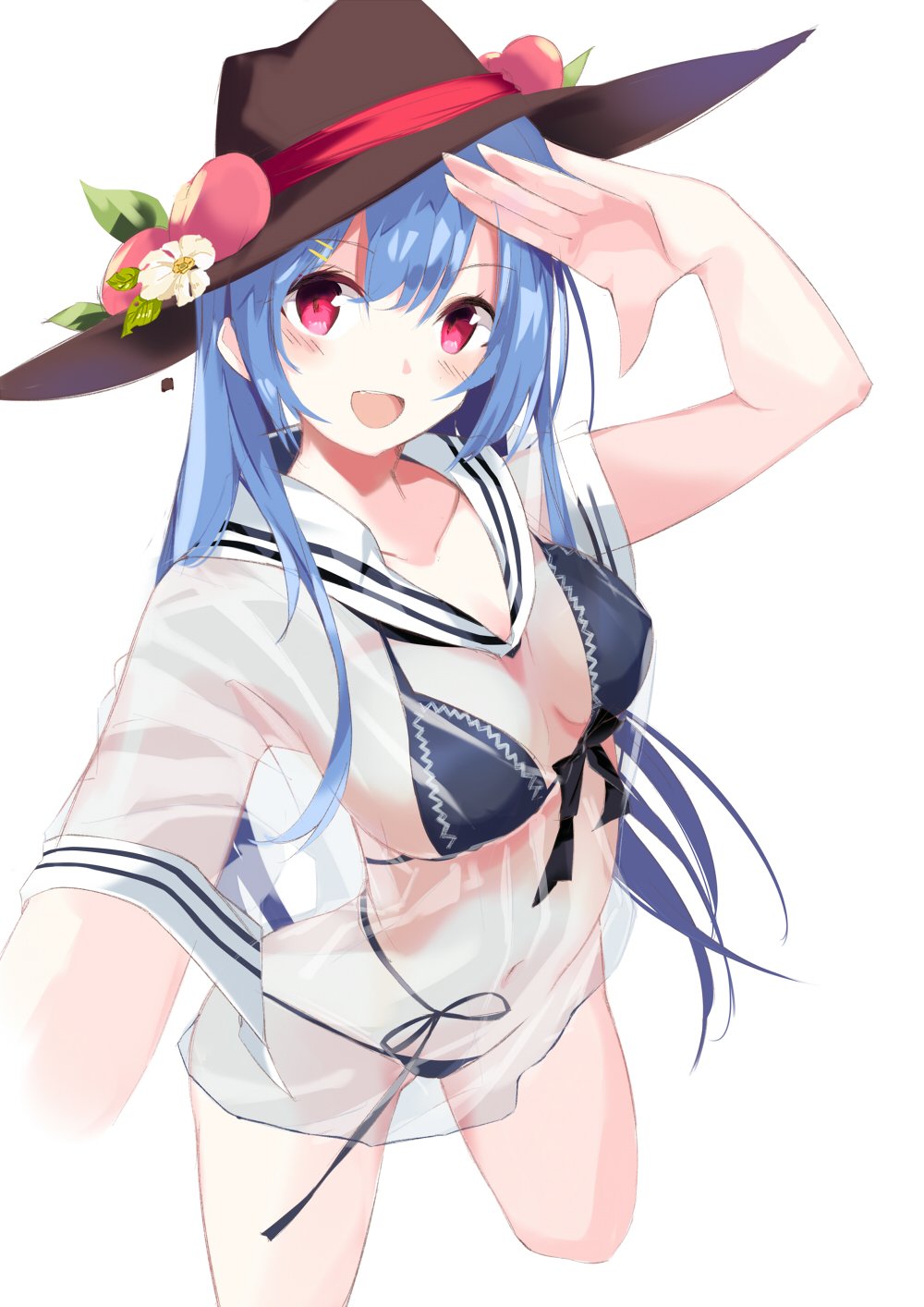 :d bangs bikini black_bikini black_hat blue_hair commentary_request cowboy_shot cropped_arms cropped_legs eyebrows_visible_through_hair flower food front-tie_bikini front-tie_top fruit hair_ornament hairclip hat hat_flower hat_ribbon highres hinanawi_tenshi leaning_forward long_hair looking_at_viewer lowleg lowleg_panties navel open_mouth panties peach reaching_out red_eyes ribbon sailor_collar salute see-through self_shot shirt short_sleeves simple_background smile solo standing swimsuit tetsurou_(fe+) touhou underwear white_background