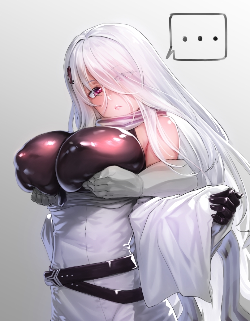 1girl bare_shoulders black_gloves breasts closed_mouth commentary_request covered_nipples eyebrows_visible_through_hair eyes girls_frontline gloves gradient gradient_background grey_background h_kasei hair_ornament large_breasts long_hair long_sleeves looking_at_viewer pk_(girls_frontline) red_eyes sleeves_past_wrists solo_focus speech_bubble spoken_ellipsis upper_body very_long_hair white_hair wide_sleeves