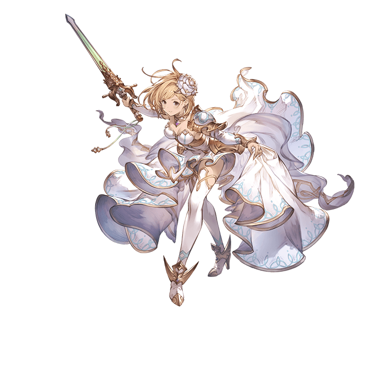breasts brown_eyes cleavage cosplay detached_sleeves djeeta_(granblue_fantasy) dress expressionless flower full_body granblue_fantasy hair_flower hair_ornament knights_of_glory minaba_hideo official_art shoulder_armor sword the_glory the_glory_(cosplay) thighhighs transparent_background weapon white_dress white_flower white_legwear