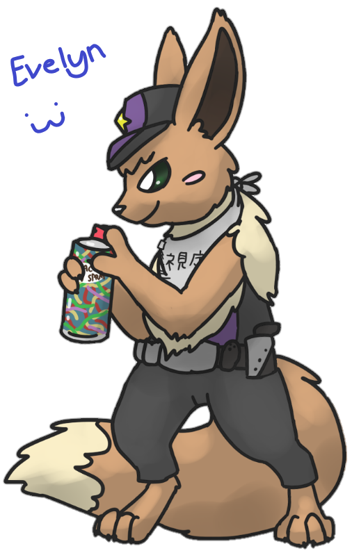 &lt;3 :3 anthro bandanna belt brown_fur cans chest_tuft clothing cute eevee english_text female fur green_eyes hat multicolored_tail nintendo officer_evelyn pok&eacute;mon pok&eacute;mon_(species) police smile solo text tuft unknown_artist video_games