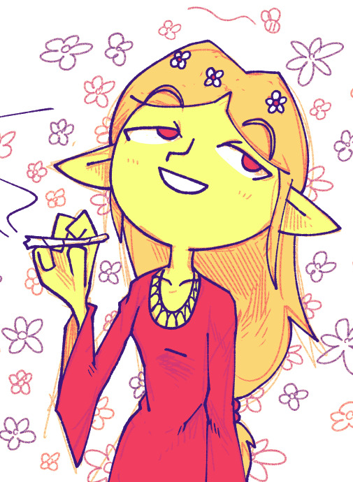 :d big_head commentary dress drugs elf english_commentary eyebrows_visible_through_hair floral_background half-closed_eyes hand_up head_tilt holding limited_palette long_hair long_sleeves marijuana open_mouth orange_hair original pointy_ears pun raised_eyebrows red_dress red_eyes setz sketch smile smoke solo white_background yellow_skin