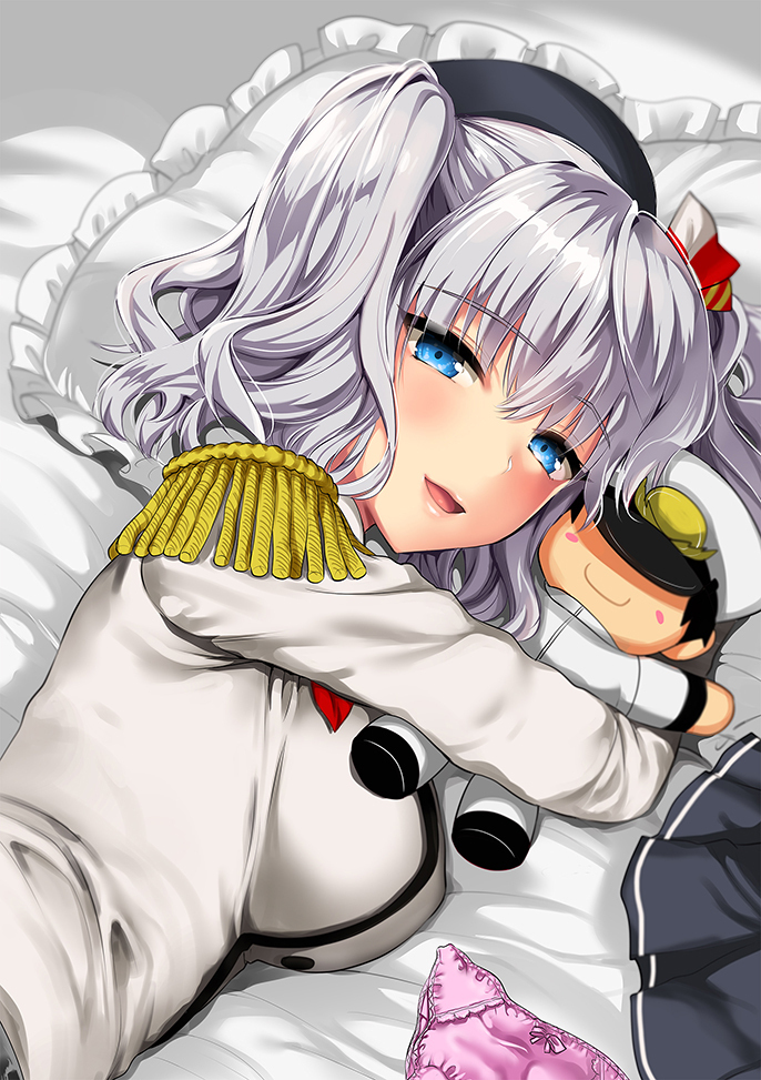 admiral_(kantai_collection) beret black_hat black_skirt blue_eyes blush blush_stickers breasts epaulettes eyebrows_visible_through_hair frilled_pillow frills hair_ribbon half-closed_eyes hat jacket kantai_collection kashima_(kantai_collection) kojima_saya large_breasts long_hair long_sleeves looking_at_viewer lying military military_jacket military_uniform neckerchief object_hug on_side open_mouth panties panties_removed pillow pink_panties pleated_skirt red_neckwear ribbon ribbon-trimmed_panties sidelocks silver_hair skirt skirt_removed smile solo stuffed_toy tsurime twintails underwear uniform upper_body wavy_hair white_jacket