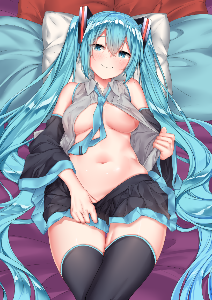 bare_shoulders black_legwear blue_eyes blue_hair blue_neckwear blush breasts closed_mouth collared_shirt commentary_request crossed_legs detached_sleeves eyebrows_visible_through_hair hair_between_eyes hair_ornament hatsune_miku head_on_pillow indoors jaku_denpa long_hair looking_at_viewer lying medium_breasts navel necktie on_back open_clothes open_shirt pleated_skirt shiny shiny_hair shirt skirt skirt_pull smile solo stomach thighhighs twintails very_long_hair vocaloid white_pillow wide_sleeves