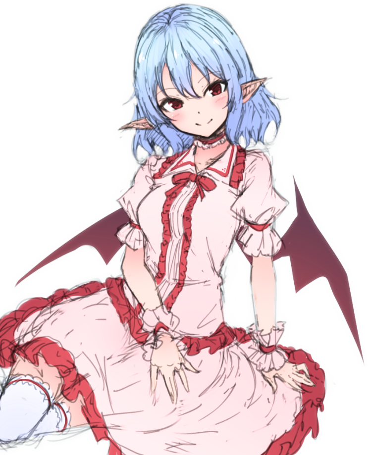 bangs blue_hair blush breasts center_frills choker commentary dress eyebrows_visible_through_hair feet_out_of_frame frilled_choker frilled_dress frilled_legwear frilled_shirt_collar frills head_tilt junior27016 looking_at_viewer medium_breasts no_hat no_headwear pink_dress pointy_ears puffy_short_sleeves puffy_sleeves red_choker red_eyes red_ribbon remilia_scarlet ribbon short_hair short_sleeves simple_background sketch smile solo thighhighs thighs touhou white_background white_legwear zettai_ryouiki