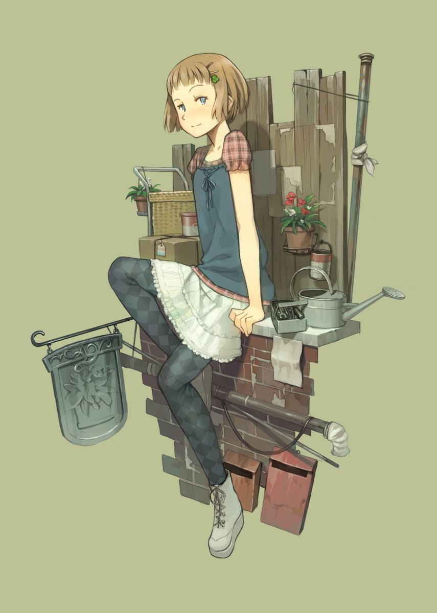 argyle argyle_legwear black_legwear blue_eyes blush boots brown_hair bucket closed_mouth collarbone eyebrows green_background hair_ornament hairclip highres looking_at_viewer original package pantyhose plant potted_plant short_hair short_sleeves sitting smile solo watering_can white_footwear yoshida_seiji