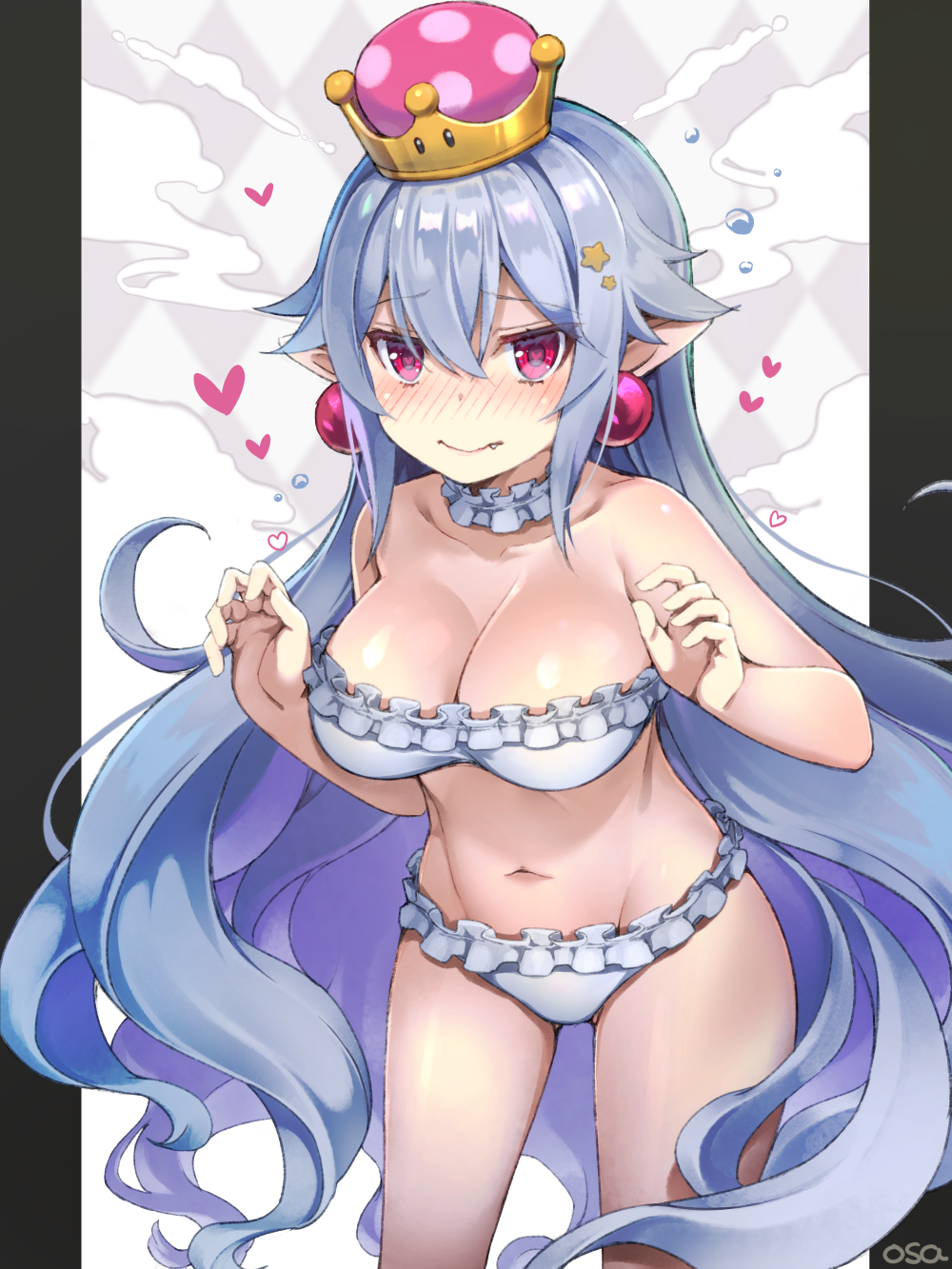 artist_name bikini blue_hair blush breasts choker closed_mouth collarbone commentary_request crown earrings embarrassed fang frilled_bikini frills heart heart-shaped_pupils highres jewelry large_breasts long_hair looking_at_viewer luigi's_mansion mario_(series) new_super_mario_bros._u_deluxe nose_blush osa_(osaosa) pillarboxed pointy_ears princess_king_boo red_eyes solo standing super_crown swimsuit symbol-shaped_pupils very_long_hair white_bikini white_choker