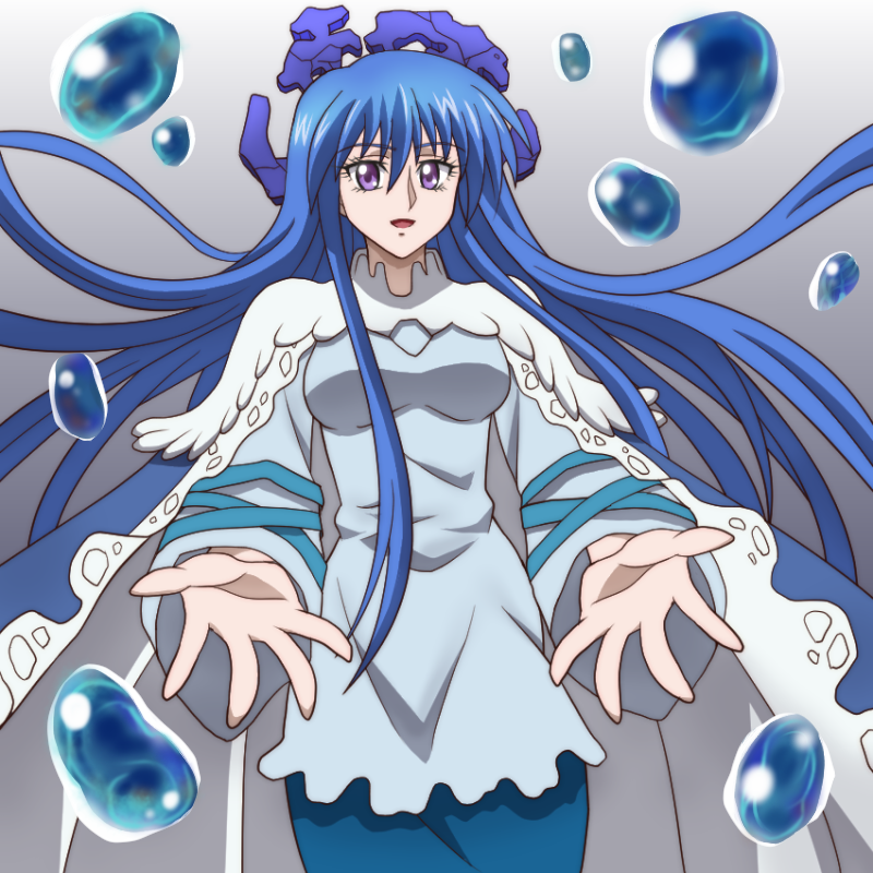 bangs blue_hair breasts bubble cape commentary_request cowboy_shot eyebrows_visible_through_hair gradient gradient_background hair_between_eyes houshin_engi long_hair medium_breasts onomekaman open_hands open_mouth outstretched_arms outstretched_hand palms purple_eyes ryuukitsu_koushu simple_background solo water