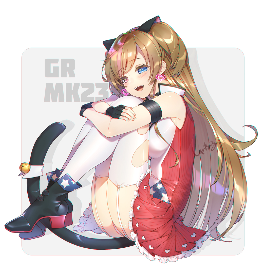 animal_ears armband bangs bell blue_eyes blush breasts brown_hair cat_ears cat_tail cleavage earrings garter_straps girls_frontline heart heart_earrings heterochromia jewelry long_hair looking_at_viewer medium_breasts mk_23_(girls_frontline) multicolored_hair open_mouth panties red_eyes shaneru shoes simple_background solo streaked_hair tail underwear white_legwear