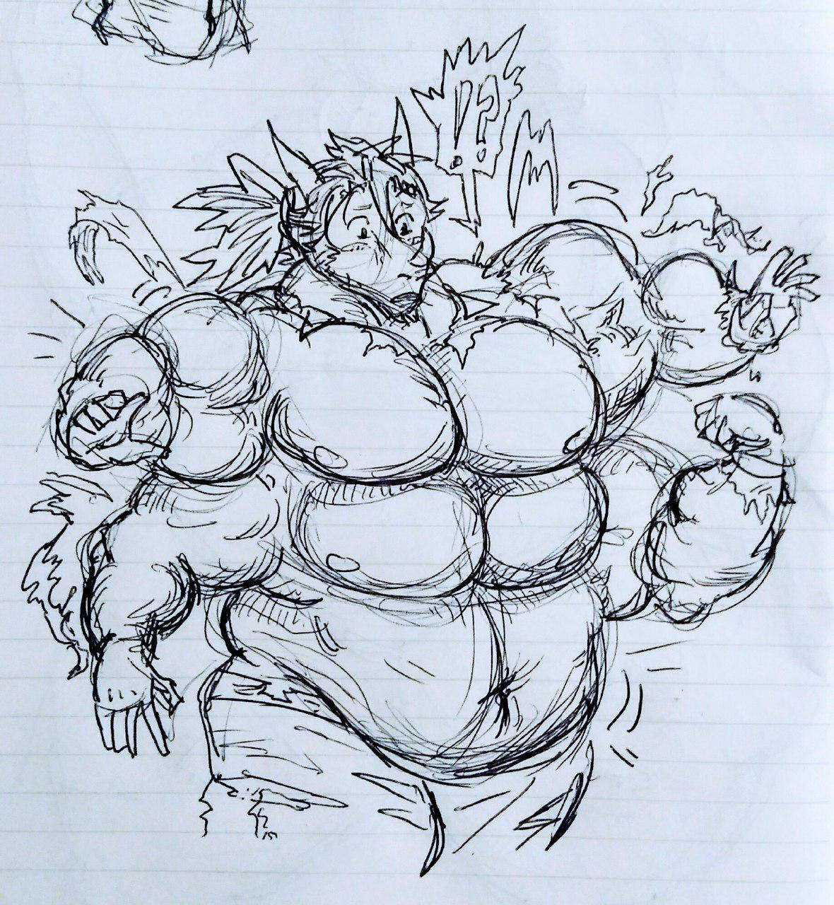 4_arms anthro big_muscles clothing dragon growth monokhromatics multi_arm multi_limb multi_pec muscle_growth musclegut muscular post_transformation sketch surprise torn_clothing