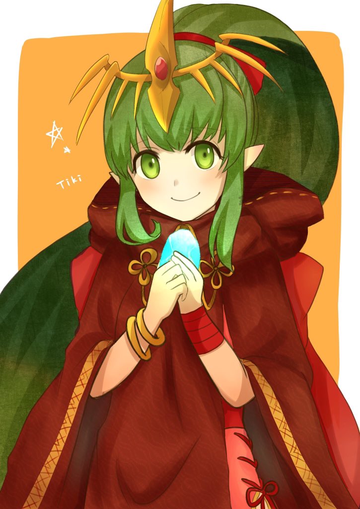 bracelet character_name chiki cloak closed_mouth commentary_request fire_emblem fire_emblem:_monshou_no_nazo fire_emblem_heroes green_eyes green_hair hair_ribbon hood hood_down jewelry long_hair mamkute orange_background otokajife pointy_ears ponytail red_ribbon ribbon simple_background smile solo stone tiara upper_body