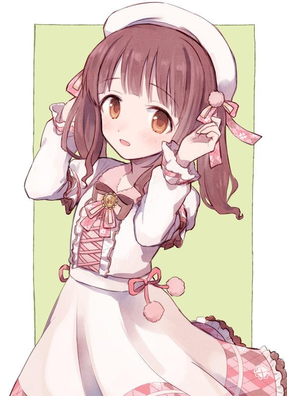 argyle beret blush bow bowtie brooch brown_eyes brown_hair commentary cowboy_shot dress eyebrows_visible_through_hair frilled_dress frills hair_ribbon hat idolmaster idolmaster_cinderella_girls idolmaster_cinderella_girls_starlight_stage jewelry long_hair long_sleeves looking_at_viewer ogata_chieri open_mouth pom_pom_(clothes) ribbon short_over_long_sleeves short_sleeves simple_background solo soto twintails