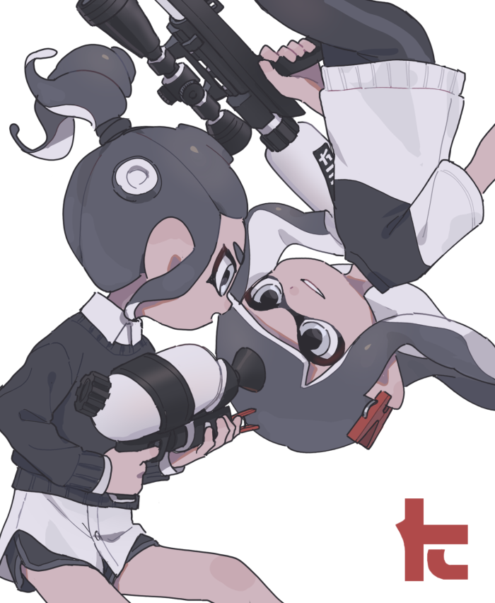 bangs black_sweater clothes_pin domino_mask ear_tag gomi_(kaiwaresan44) grey_eyes grey_hair inkling leggings looking_at_another mask multiple_girls octoling open_mouth pointy_ears ponytail shorts smile splat_charger_(splatoon) splatoon_(series) splatoon_2 splattershot_(splatoon) sweater tentacle_hair weapon white_background