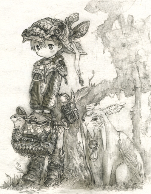 animal armor backpack bag bell blush boots closed_mouth creature graphite_(medium) grass helmet holding holding_backpack jingle_bell looking_away monochrome original outdoors overgrown road_sign sculpture short_hair sign simple_background sketch solo standing traditional_media tree tsukushi_akihito v_arms