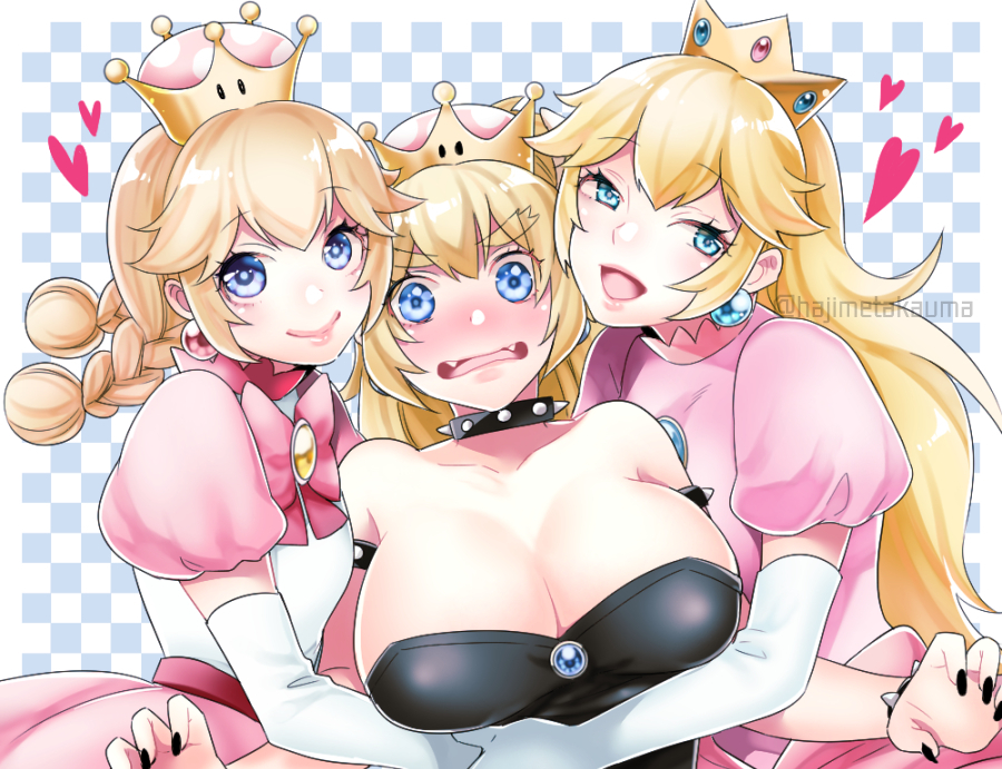 aqua_earrings aqua_eyes bangs bare_shoulders black_dress blonde_hair blue_earrings blue_eyes blush border bowsette bracelet braid breasts brooch checkered checkered_background cleavage collar collarbone commentary_request crown dress elbow_gloves embarrassed eyebrows_visible_through_hair fangs flat_chest girl_sandwich gloves group_hug hair_between_eyes hajimetakauma happy heart horns hug huge_breasts jewelry lips long_hair looking_at_viewer mario_(series) medium_breasts multiple_girls new_super_mario_bros._u_deluxe nose_blush open_mouth outline outside_border peachette pink_dress pink_earrings pink_lips pink_skirt ponytail princess_peach puffy_short_sleeves puffy_sleeves purple_eyes reflective_eyes sandwiched shiny shiny_clothes shiny_hair shiny_skin shirt short_sleeves sidelocks skirt smile spiked_bracelet spiked_collar spikes strapless strapless_dress super_crown thick_eyebrows twin_braids twitter_username very_long_hair white_border white_gloves white_shirt