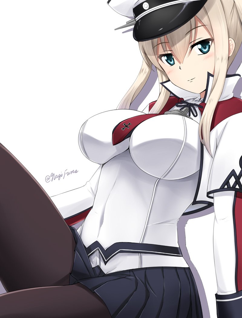 black_legwear breasts capelet celtic_knot commentary_request fuuma_nagi gloves graf_zeppelin_(kantai_collection) hair_between_eyes hat iron_cross kantai_collection large_breasts looking_at_viewer military military_hat military_uniform miniskirt necktie pantyhose peaked_cap pleated_skirt sidelocks simple_background skirt solo twintails twitter_username uniform white_background white_hat