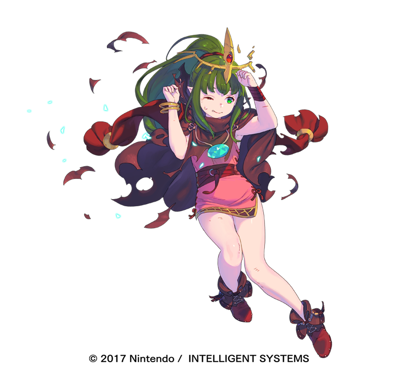 ankle_boots boots bracelet brown_cape chiki closed_mouth dress fire_emblem fire_emblem:_monshou_no_nazo fire_emblem_heroes full_body green_eyes green_hair hands_up headpiece jewelry long_hair nagisa_kurousagi official_art one_eye_closed pink_dress ponytail sash short_dress simple_background solo sweatdrop torn_clothes watermark white_background wristband