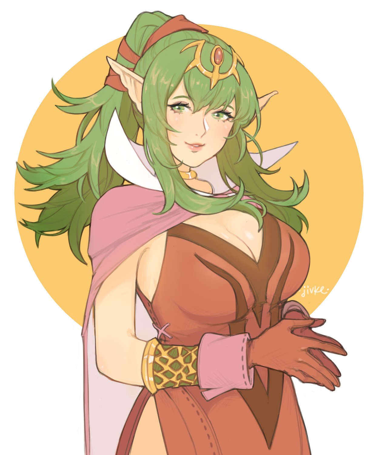 breasts cape chiki choker cleavage dress fire_emblem fire_emblem:_kakusei fire_emblem:_monshou_no_nazo fire_emblem_heroes gloves green_eyes green_hair highres jivke large_breasts lips long_hair looking_at_viewer mamkute parted_lips pink_dress pointy_ears ponytail red_dress red_gloves shiny shiny_skin short_dress side_slit sidelocks signature simple_background smile solo tiara