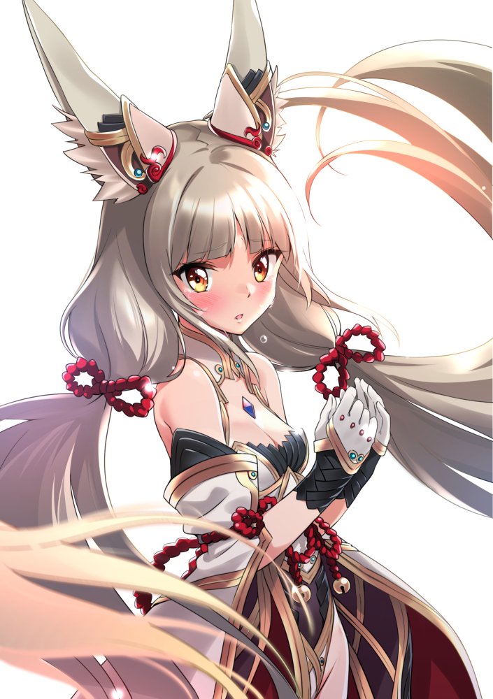 :o animal_ear_fluff animal_ears bangs bare_shoulders bell blunt_bangs blurry blush breasts cat_ears cat_girl cleavage commentary_request cowboy_shot crying crying_with_eyes_open depth_of_field detached_sleeves eyebrows_visible_through_hair floating_hair from_side gem gloves gold_trim hair_ribbon hands_up highleg highleg_leotard jingle_bell leotard long_hair looking_at_viewer looking_to_the_side low_twintails medium_breasts niameresp niyah parted_lips red_ribbon ribbon shiny shiny_hair signature silver_hair simple_background small_breasts solo spoilers tears twintails very_long_hair white_background white_gloves wings xenoblade_(series) xenoblade_2 yellow_eyes