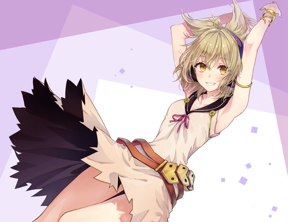 akidzuki_haruhi armlet armpits arms_up bangs bare_arms bare_shoulders beige_dress belt black_sailor_collar blonde_hair blush bracelet breasts cleavage collarbone commentary dress earmuffs eyebrows_visible_through_hair feet_out_of_frame grin hair_between_eyes jewelry looking_at_viewer medium_breasts pointy_hair purple_background red_ribbon ribbon sailor_collar sailor_dress short_hair smile solo thighs touhou toyosatomimi_no_miko white_background yellow_eyes