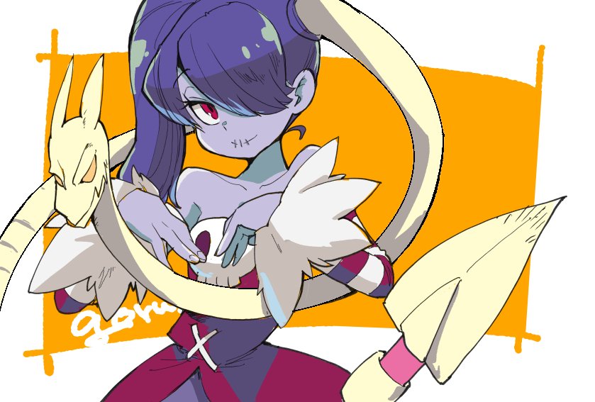 1girl bare_shoulders blue_skin breasts cleavage detached_collar detached_sleeves dress female hair_over_one_eye leviathan_(skullgirls) monster_girl red_eyes side_ponytail skullgirls squigly_(skullgirls) stitched_mouth stitches striped striped_sleeves zombie