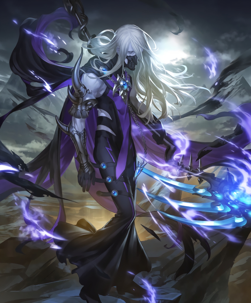 artist_request cape cygames gauntlets half-closed_eyes holding holding_weapon jewelry long_hair looking_at_viewer mask mountain official_art pale_skin pendant rulenye_omen_of_silence scythe shadowverse tabard weapon white_hair