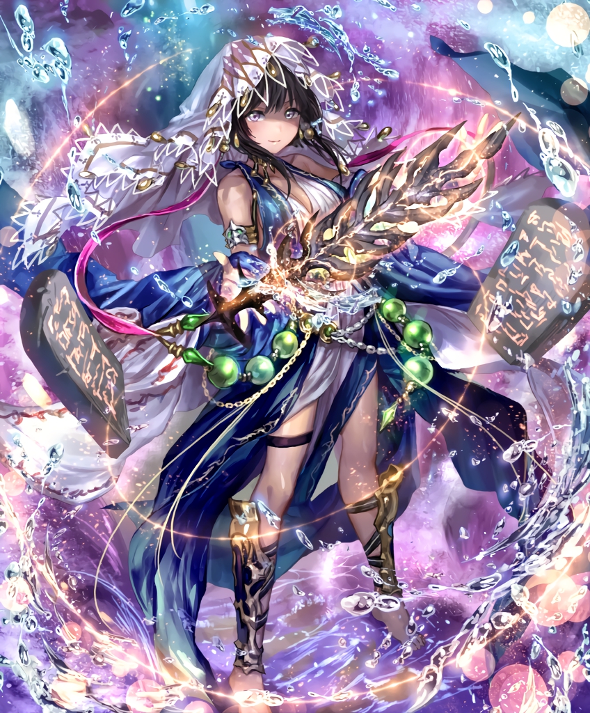 armlet artist_request bare_shoulders barefoot beads brown_hair chain cygames looking_at_viewer medium_hair official_art prophetess_of_creation purple_eyes shadowverse shin_guards smile stone_tablet veil water
