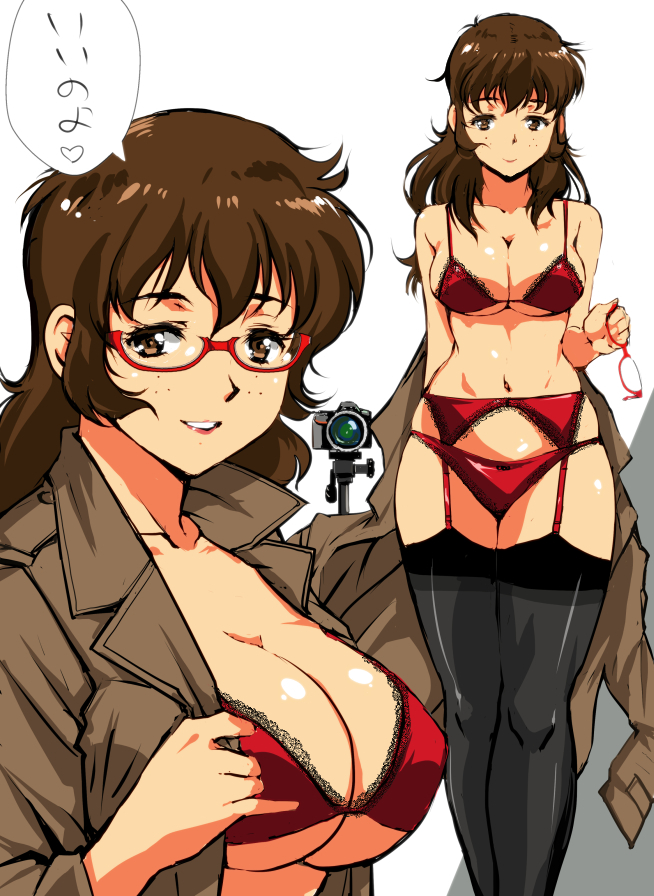 arm_behind_back ass bangs bare_shoulders black_legwear bra breasts brown_eyes brown_hair camera cleavage closed_mouth coat coat_removed collarbone commentary_request cropped_legs eyebrows_visible_through_hair eyewear_removed freckles garter_straps glasses hand_up holding holding_eyewear large_breasts lingerie lipstick long_hair looking_at_viewer makeup multiple_views original panties parted_lips pink_lips red-framed_eyewear red_bra red_panties skindentation speech_bubble standing thighhighs thighs translated trench_coat two-tone_background underwear yuya