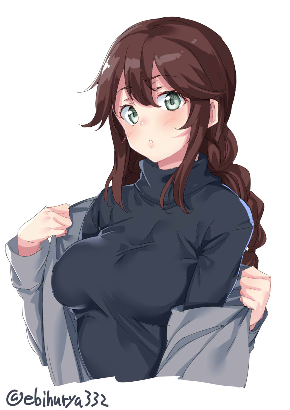 alternate_costume aqua_eyes blush braid breasts brown_hair ebifurya grey_jacket hair_between_eyes highres jacket kantai_collection large_breasts long_hair long_sleeves looking_at_viewer noshiro_(kantai_collection) open_clothes parasol simple_background solo sweater twitter_username umbrella white_background